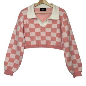 Cider Women's Crop Sweater Pink Checkerboard Small Size  Long Sleeves